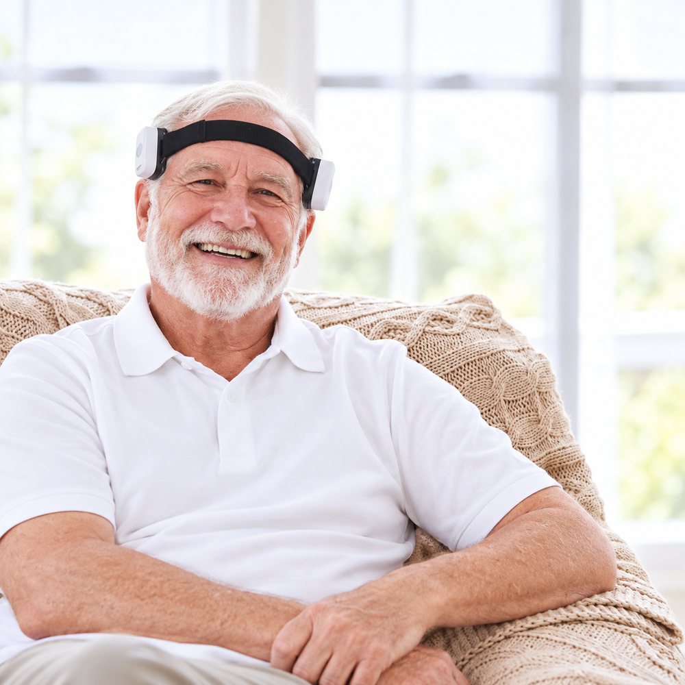 Senior man relaxing at home wearing two units on a headband