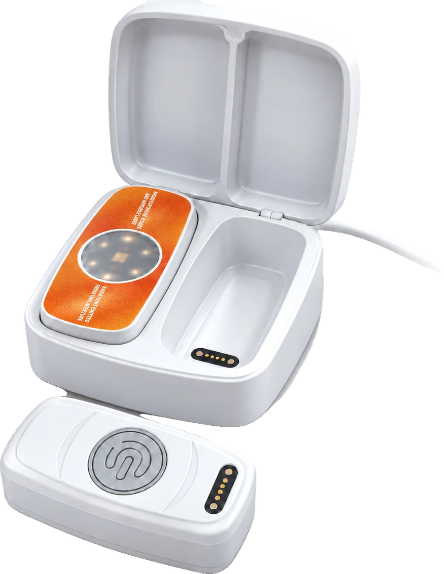SOLIGHT charging case opened, with one unit docked and one unit beside it