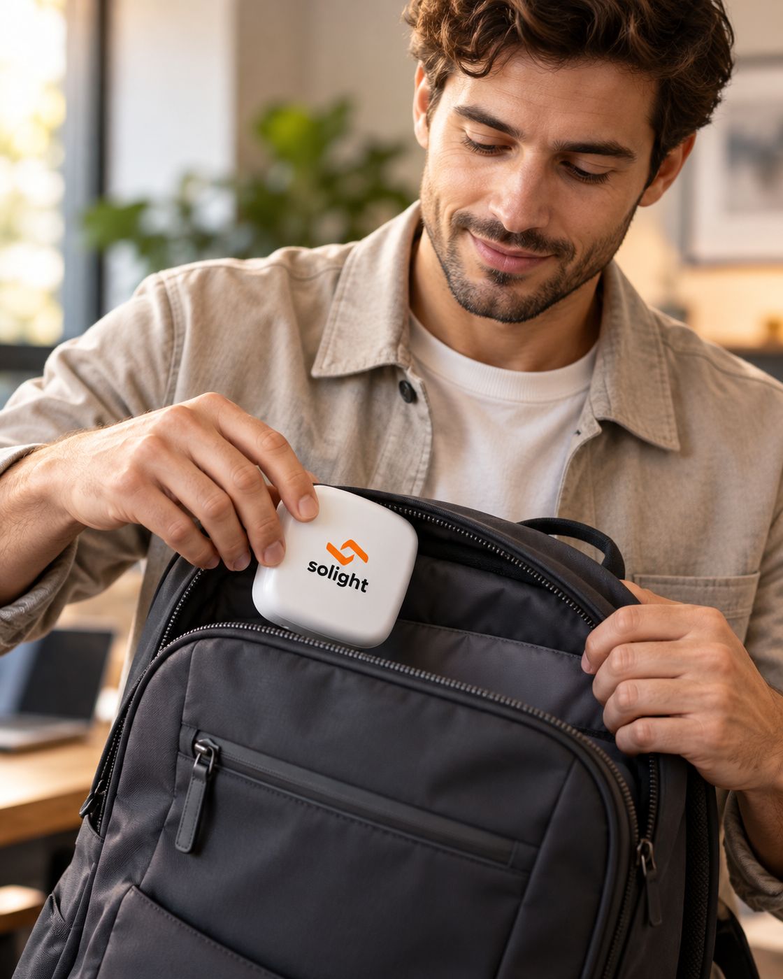 Man putting the SOLIGHT case into his backpack